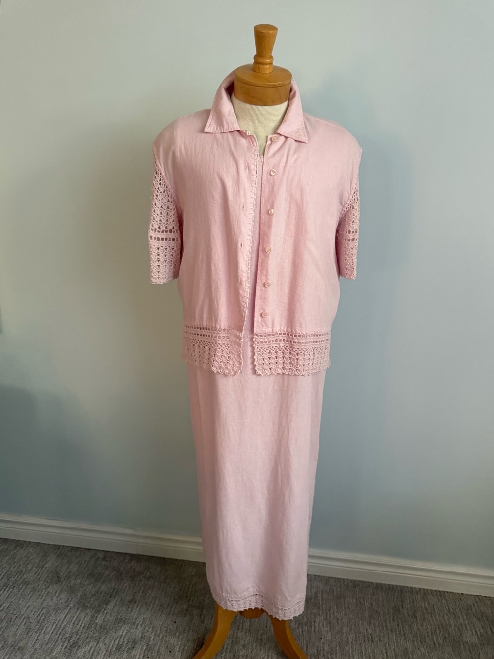 Jane Ashley Pink Linen Blend Crochet 2 Piece Maxi Dress Set XL